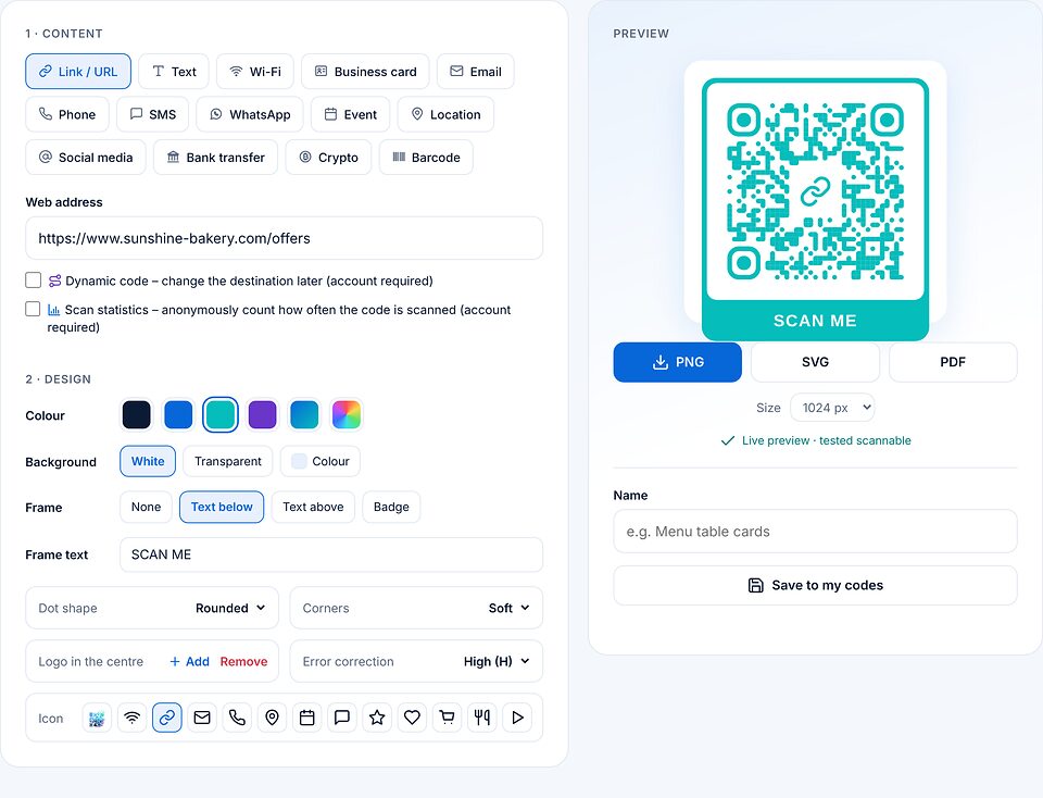 बनाएँ पेज: वेब पता भरा हुआ, रंग टील, SCAN ME के साथ “नीचे टेक्स्ट” फ़्रेम और बीच में लिंक चिह्न; दाईं ओर PNG, SVG और PDF डाउनलोड बटनों के साथ पूर्वावलोकन।