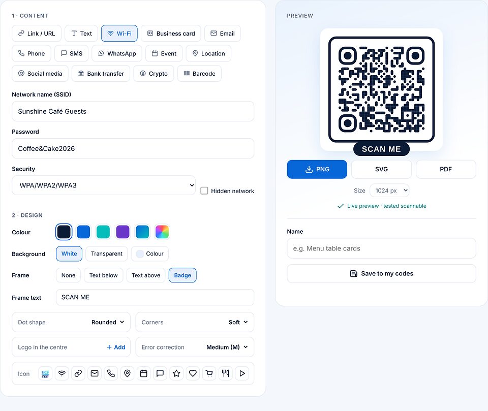 Wi-Fi कोड: नेटवर्क का नाम Sunshine Café Guests, पासवर्ड और एन्क्रिप्शन WPA/WPA2/WPA3, SCAN ME के साथ Badge फ़्रेम।